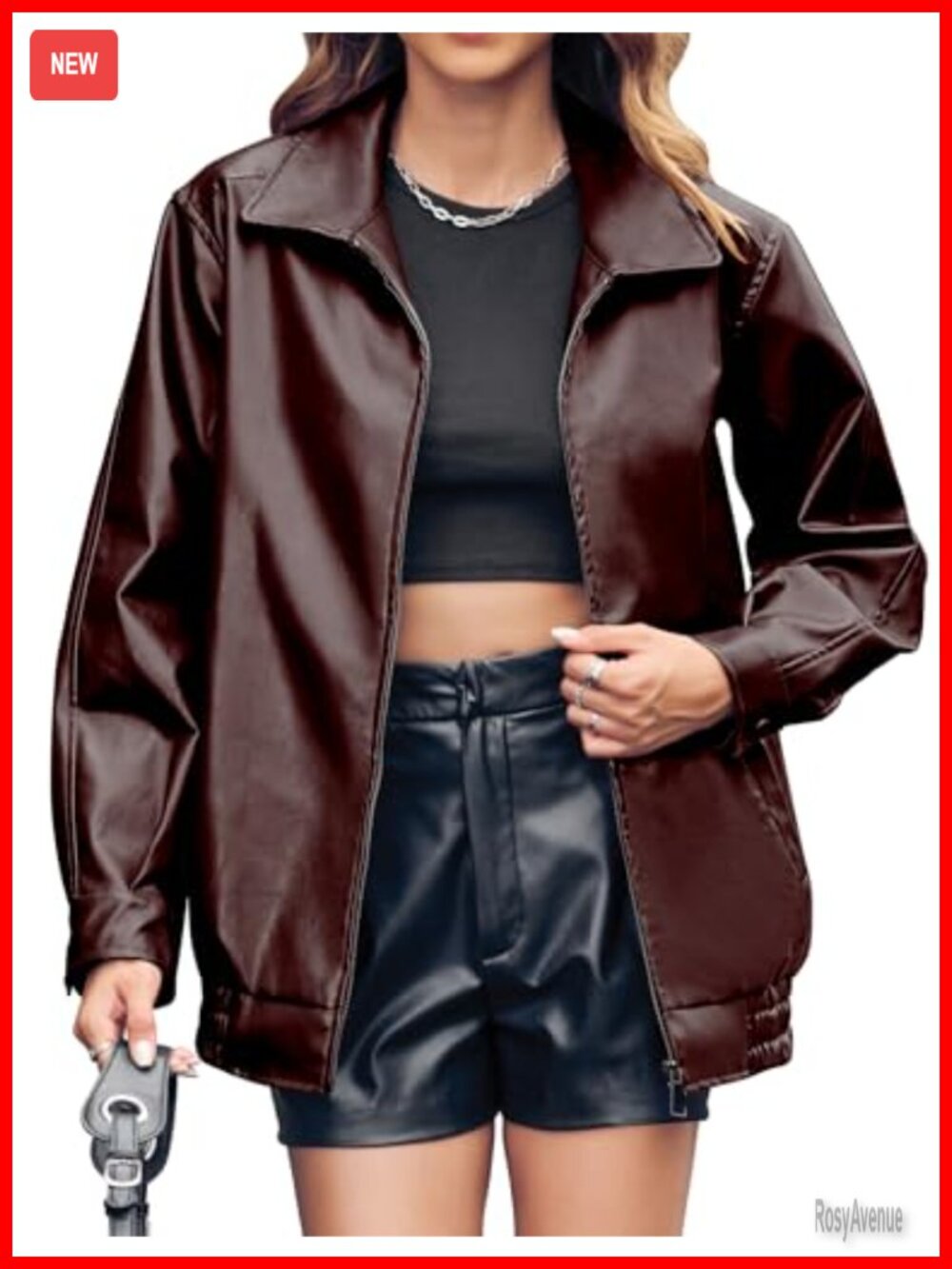 Womens Faux Leather Jacket Oversized Zip Up Bomber Casual